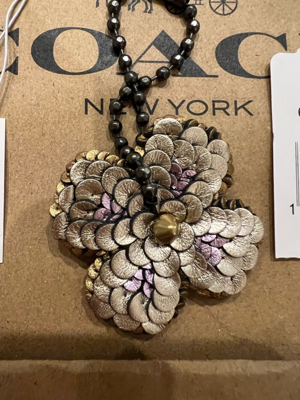 Coach Leather Metallic Tea Rose Flower Pendant Necklace Gold Silver Purple RARE